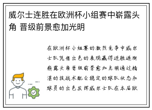 威尔士连胜在欧洲杯小组赛中崭露头角 晋级前景愈加光明