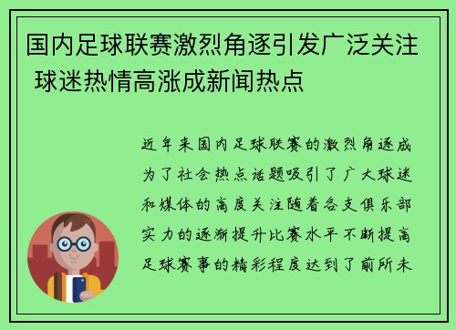 国内足球联赛激烈角逐引发广泛关注 球迷热情高涨成新闻热点